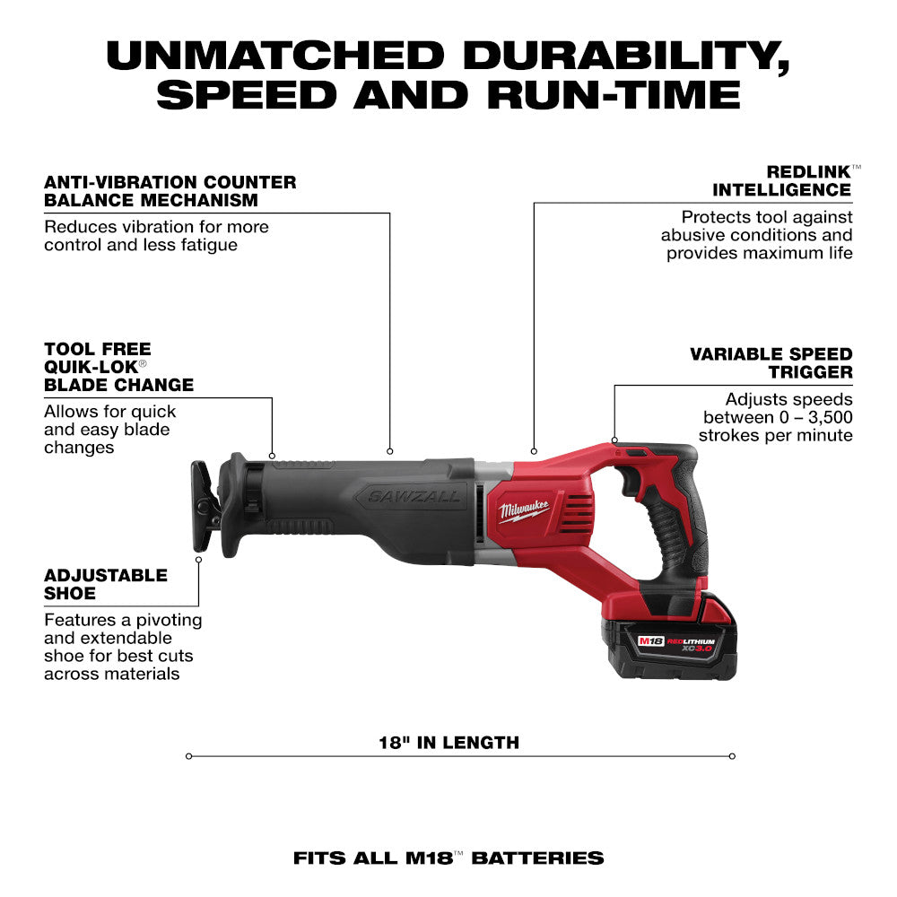 Milwaukee 2696-24 M18 Cordless Combo Compact Hammer Drill/Sawzall/1/4 Hex Impact Driver/Work Light/Charger/2 Battery - 10