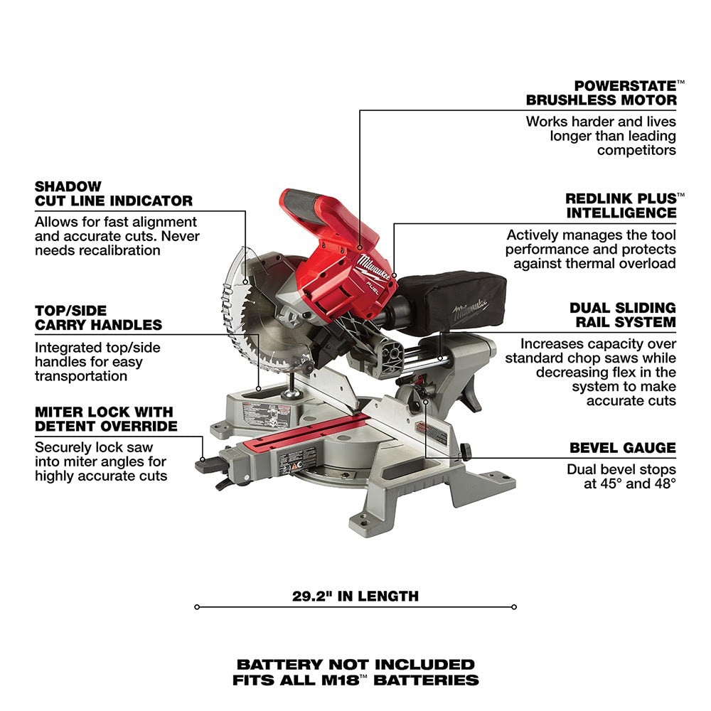 Milwaukee  2733-20 M18 FUEL 7-1/4" Dual Bevel Sliding Compound Miter Saw Bare Tool - 6