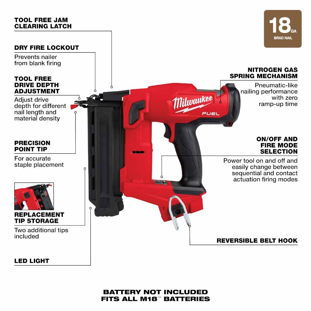 Milwaukee 2746-20 M18 FUEL 18 GAUGE BRAD NAILER - 5