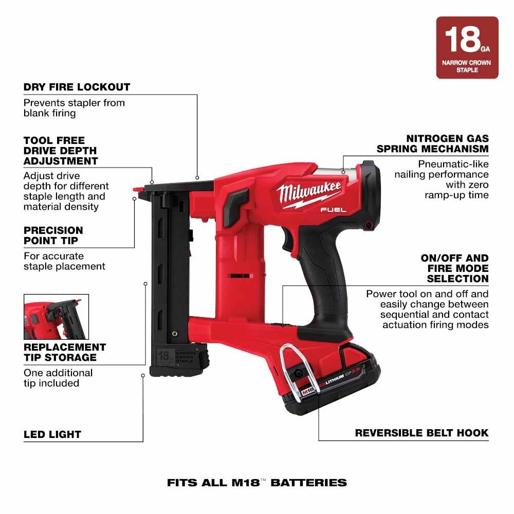 Milwaukee 2749-21CT M18 FUEL 18GA 1/4" NARROW CROWN STAPLER- 1 Battery CP2.0 Kit - 5