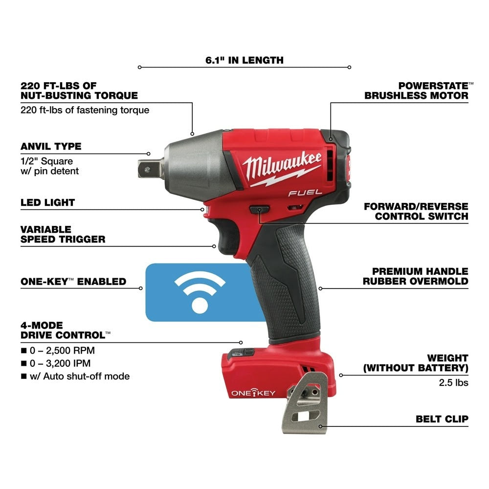 Milwaukee 2759-80 M18 FUEL 1/2" Compact Impact Wrench with Pin Detent with ONE-KEY Bare Tool (Reconditioned) - 4