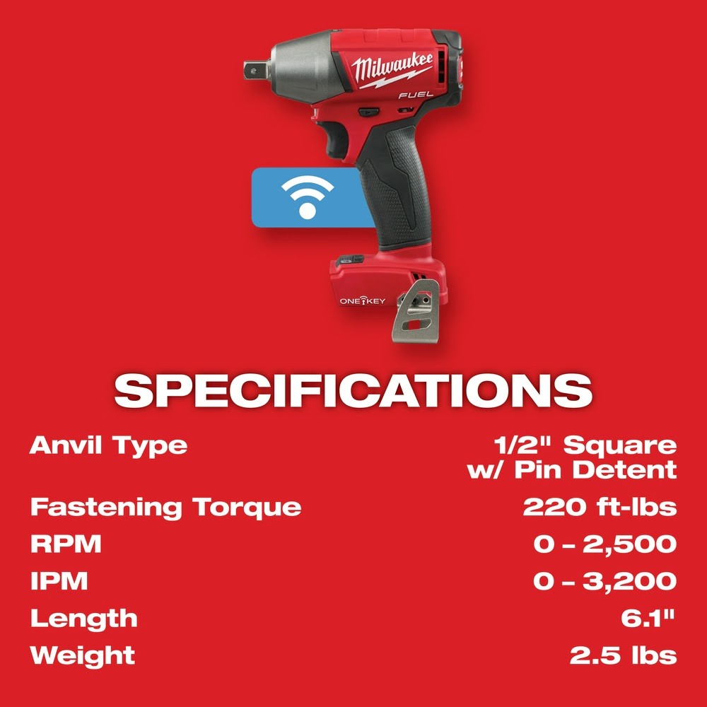 Milwaukee 2759-20 M18 FUEL 1/2" Compact Impact Wrench with Pin Detent with ONE-KEY (Bare Tool) - 8