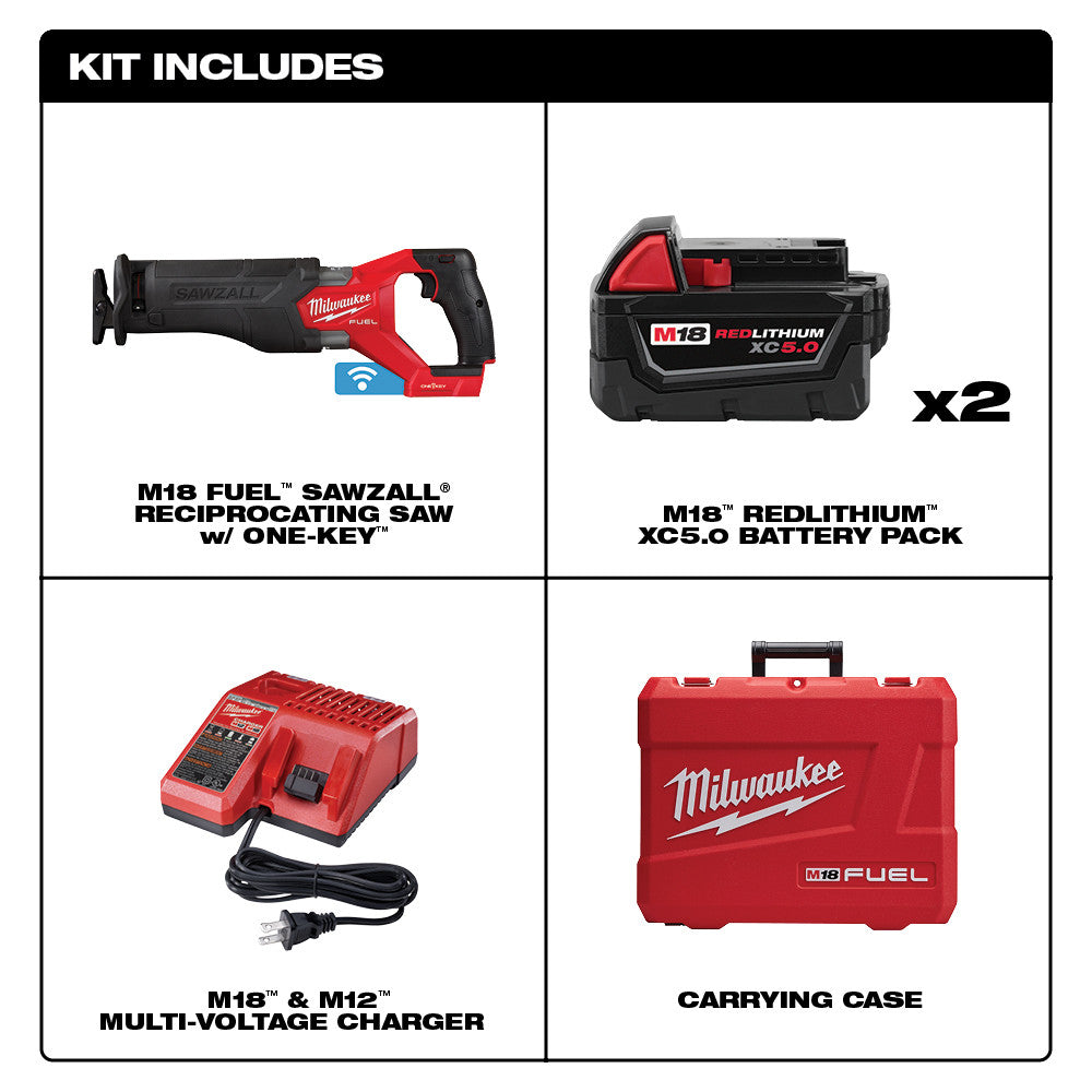 Milwaukee  2822-22 M18 FUEL™ SAWZALL® Recip Saw W/ One-Key™- 2 battery XC5.0 Kit - 13