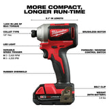 Milwaukee 2850-22CT M18 Compact Brushless 1/4" Hex Impact Driver Kit - 3