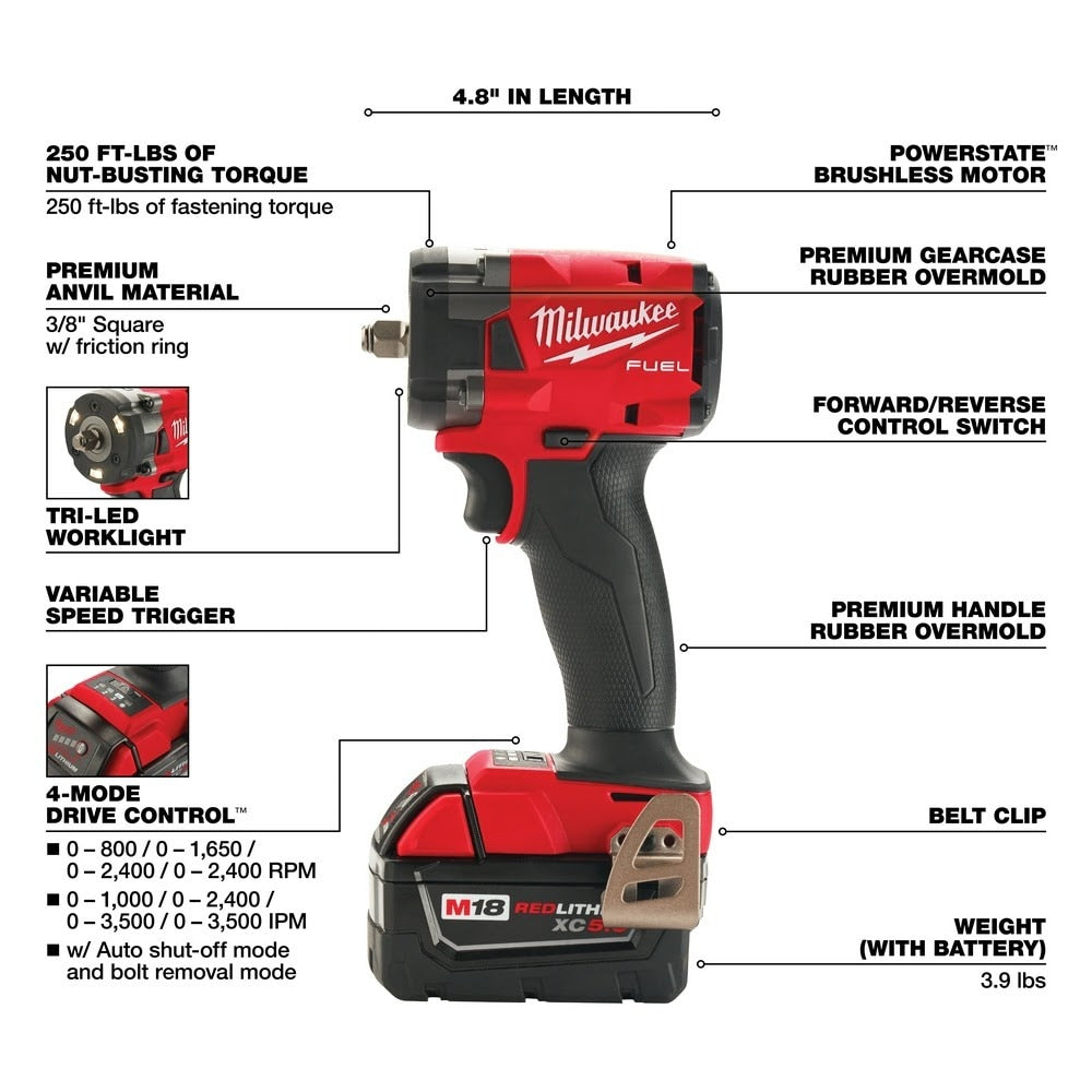 Milwaukee 2854-80 M18 FUEL 3/8" Compact Impact Wrench w/ Friction Ring Bare Tool (Reconditioned) - 4