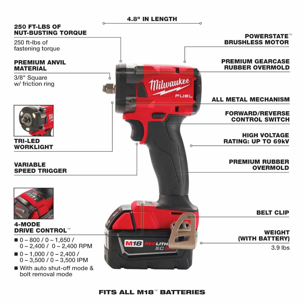 Milwaukee 2854-22 M18 FUEL™ 3/8" Compact Impact Wrench w/ Friction Ring Kit - 5
