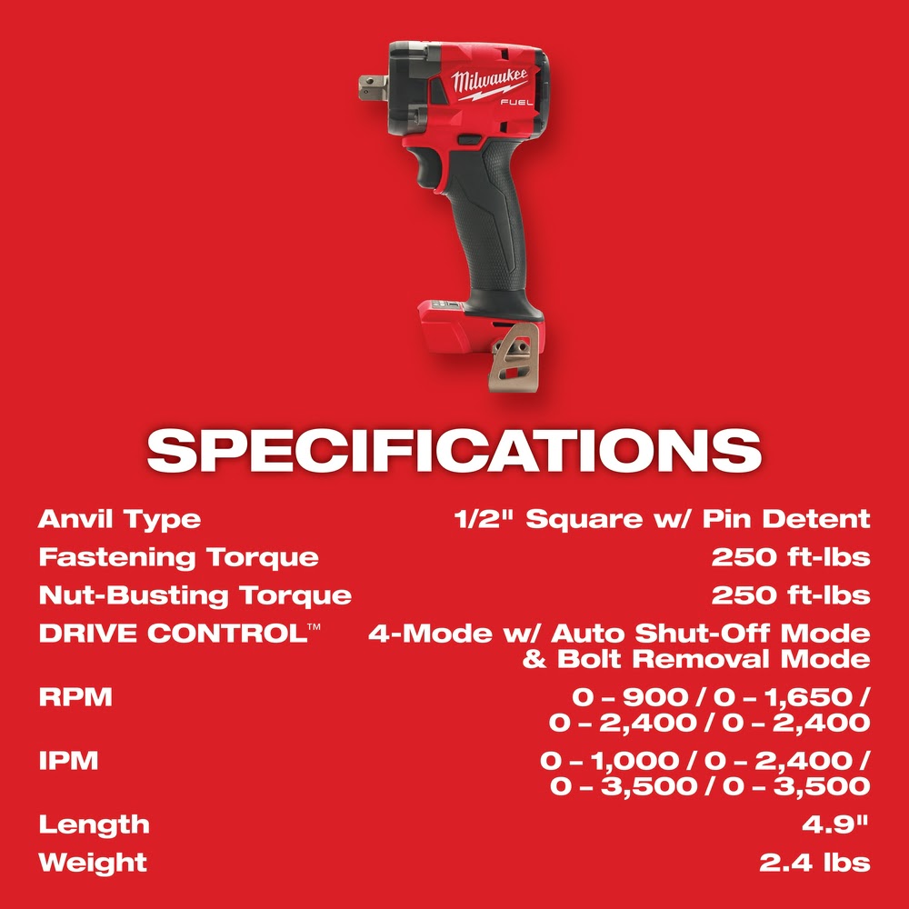 Milwaukee  2855P-20  "M18 FUEL™ 1/2 " Compact Impact Wrench w/ Pin Detent Bare Tool " - 8