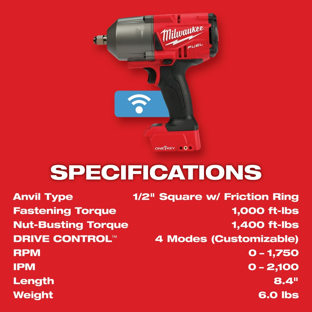 Milwaukee 2863-20 M18 FUEL ONE-KEY High Torque Impact Wrench 1/2" Friction Ring Bare - 8