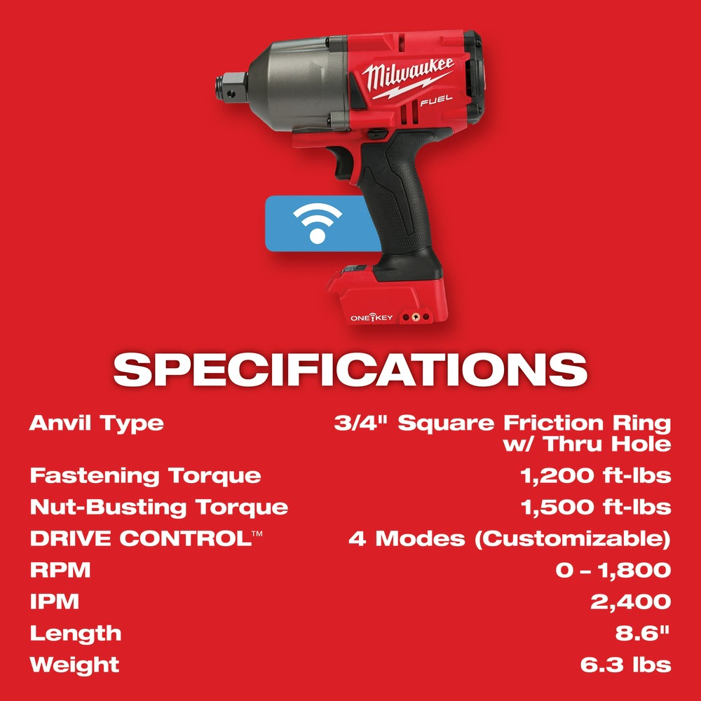 Milwaukee 2864-20 M18 FUEL ONE-KEY High Torque Impact Wrench 3/4" Friction Ring Bare - 8