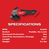 Milwaukee 2880-22 M18 FUEL™ 4-1/2" / 5" Grinder Paddle Switch, No-Lock Kit - 14
