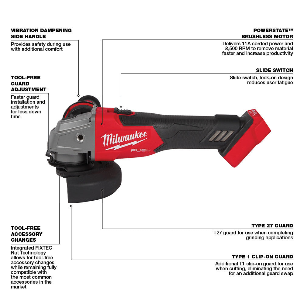 Milwaukee 2881-20 M18 FUEL™ 4-1/2" / 5" Grinder Slide Switch, Lock-On - 26