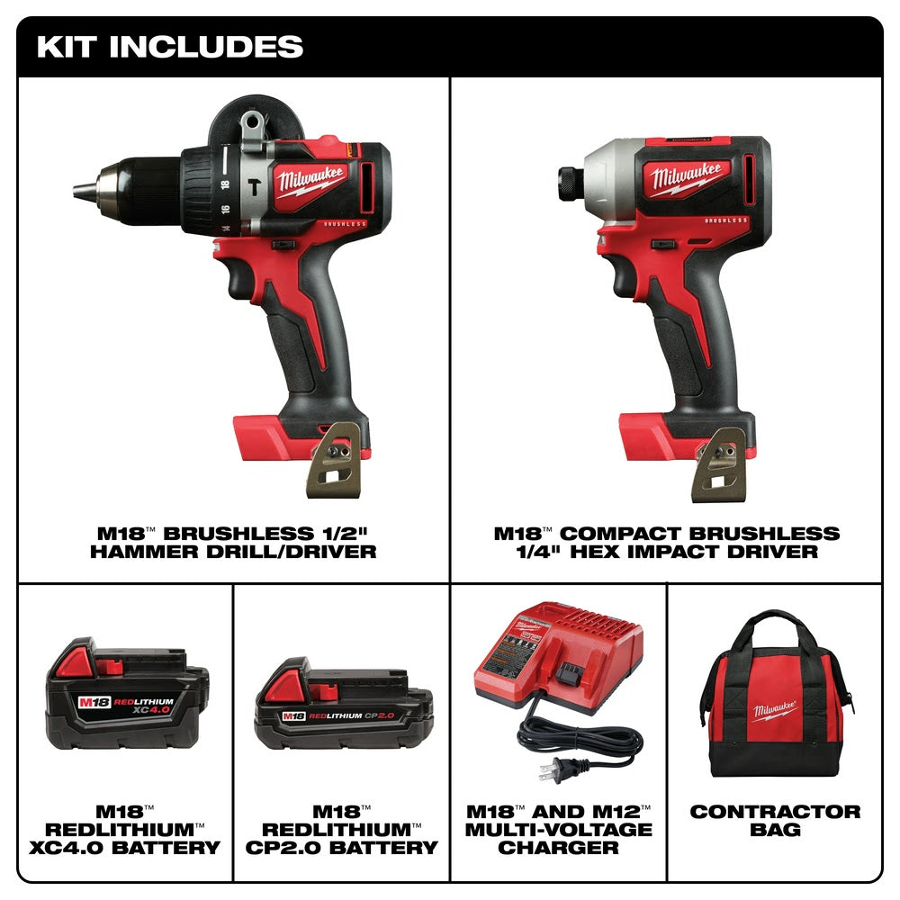 Milwaukee 2893-22CX M18 Brushless Hammer Drill/Impact Combo Kit 2.0,4.0 - 4