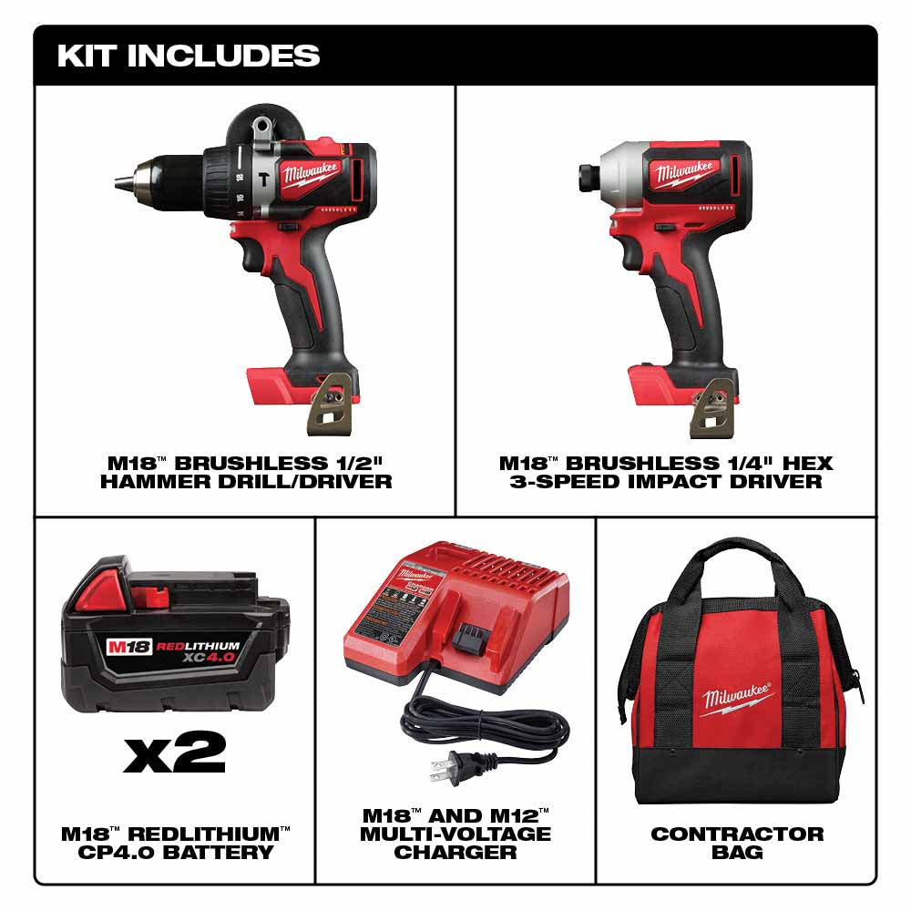 Milwaukee 2893-22 M18 Brushless Hammer Drill/Impact Combo Kit - 2