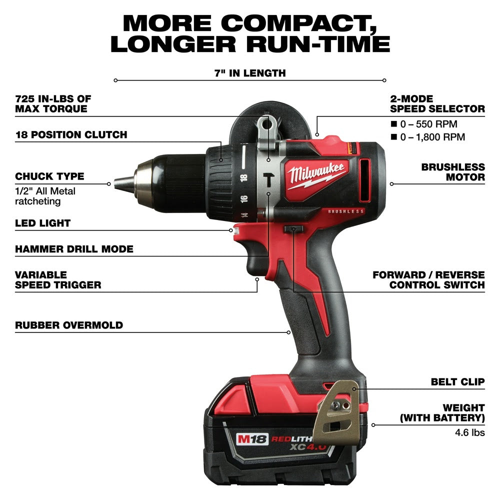 Milwaukee 2902-22 M18 Brushless 1/2" Hammer Drill Kit - 5