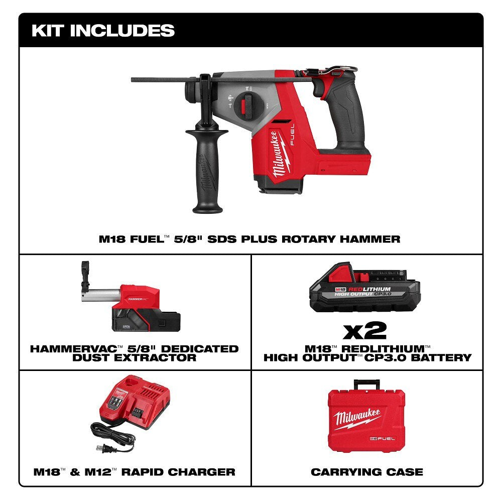 Milwaukee 2908-22DE M18 FUEL 5/8" SDS Plus Rotary Hammer w/ Dust Extractor Kit - 4
