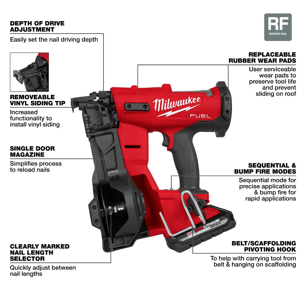 Milwaukee 2909-21 M18 FUEL Coil Roofing Nailer Kit - 2