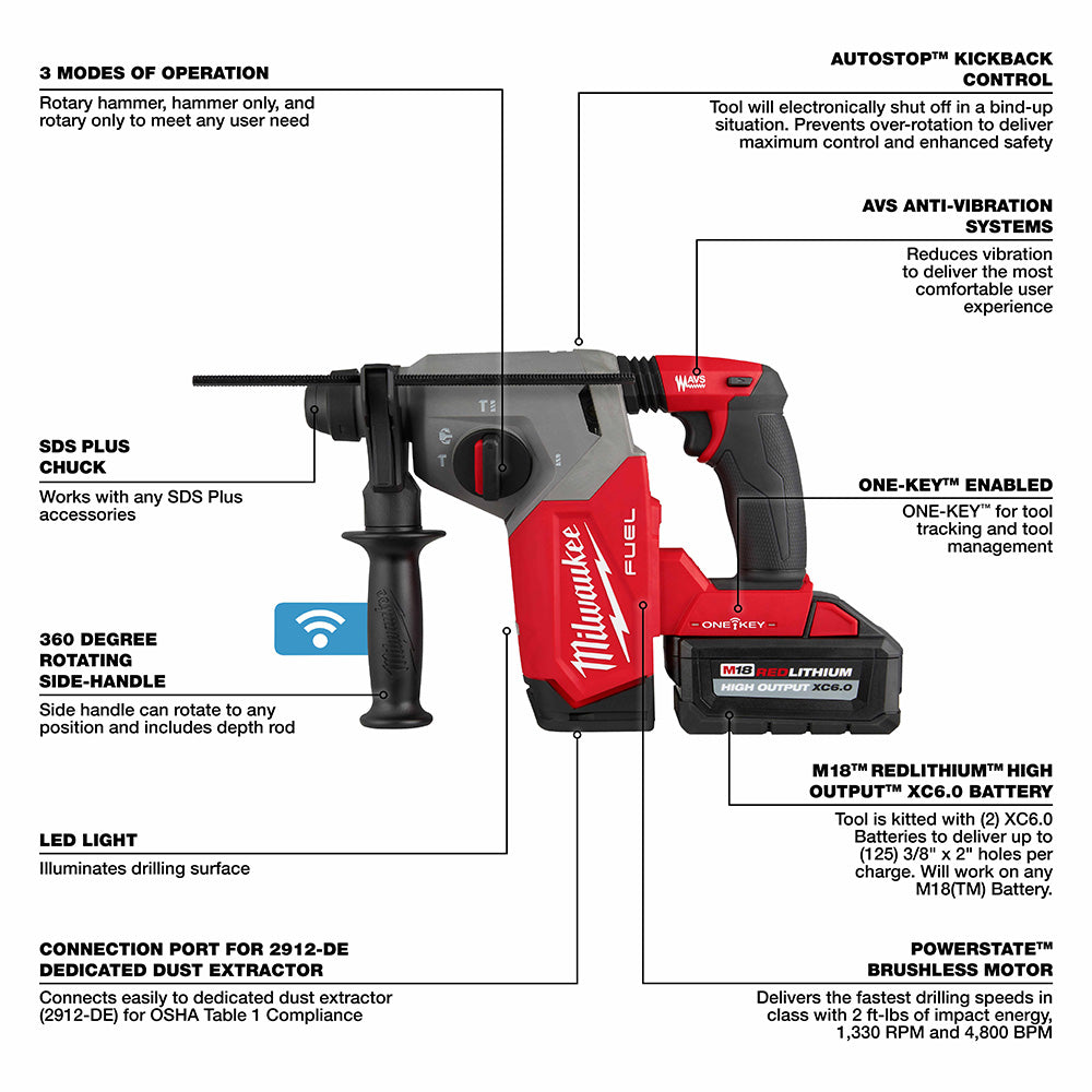 Milwaukee 2914-22DE M18 FUEL™ 1" SDS Plus Rotary Hammer w/ ONE-KEY™ Dust Extractor Kit - 3