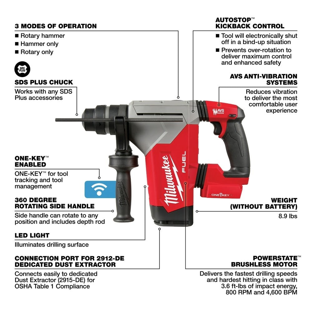 Milwaukee 2915-20 M18 FUEL 1-1/8 SDS Plus Rotary Hammer Bare Tool - 13