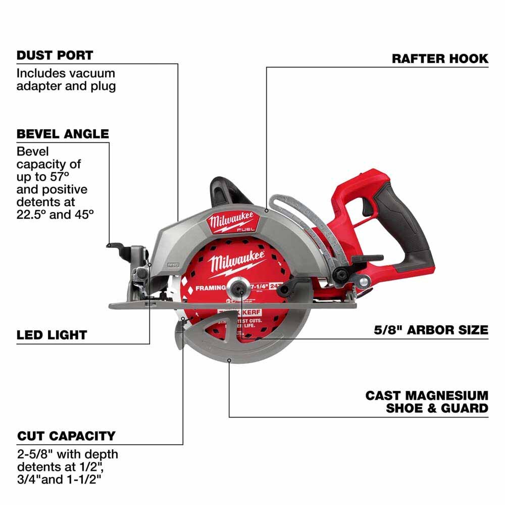 Milwaukee 2930-20 M18 FUEL 7-1/4" Rear Handle Circular Saw – Cordless, 2-5/8" Cut Capacity - 2