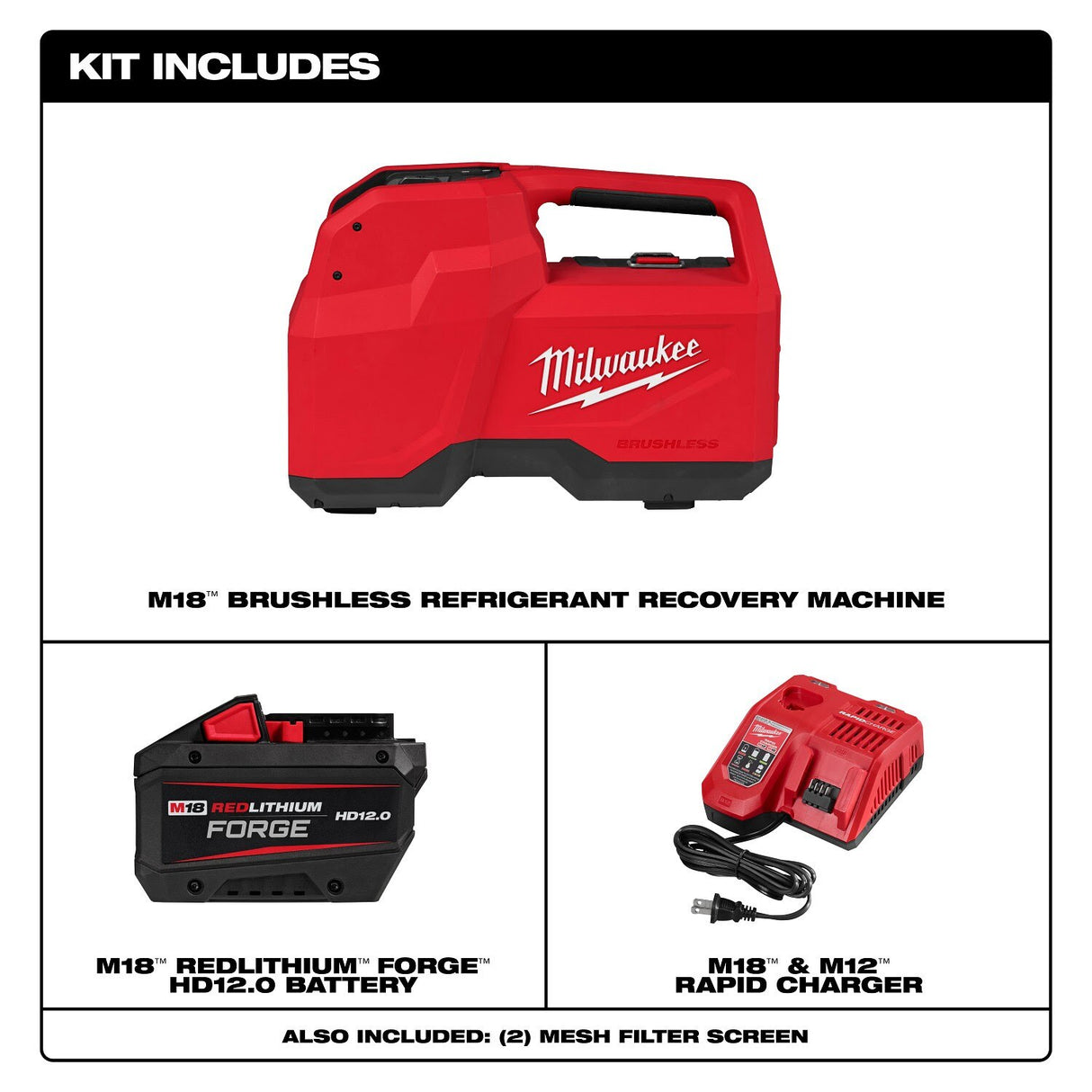Milwaukee 2938-21 M18 Brushless Refrigerant Recovery Machine Kit with 12.0Ah Battery and Rapid Charger (2 Mesh Filter Screens) - 2