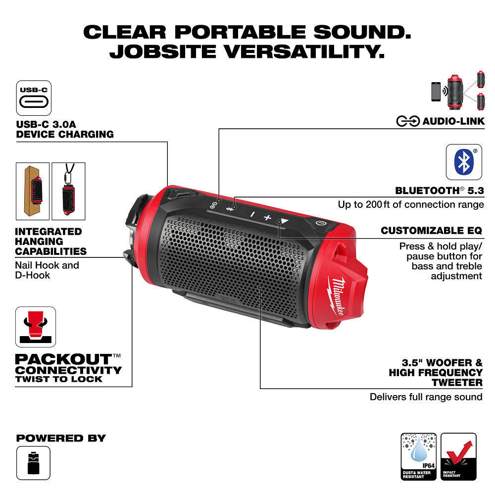 Milwaukee 2955-20 M12 Bluetooth Jobsite Speaker w/ PACKOUT Compatibility - 4