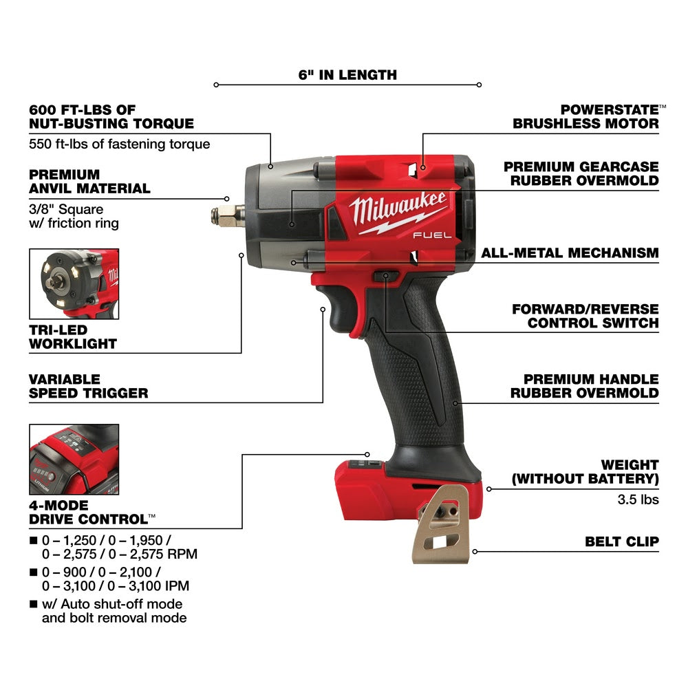 Milwaukee  2960-20  "M18 FUEL™ 3/8 " Mid-Torque Impact Wrench w/ Friction Ring Bare Tool " - 4