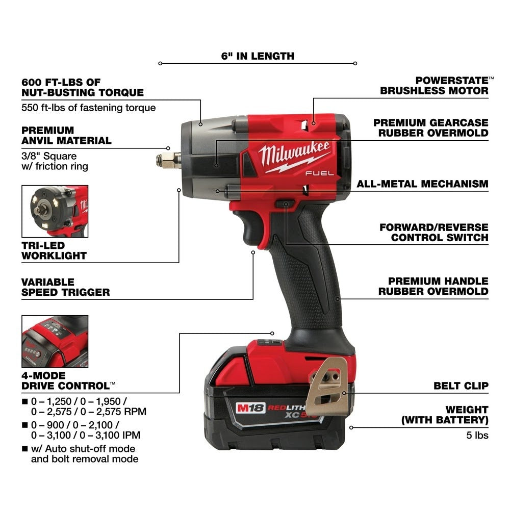 Milwaukee  2960-22  "M18 FUEL™ 3/8 " Mid-Torque Impact Wrench w/ Friction Ring Kit " - 4