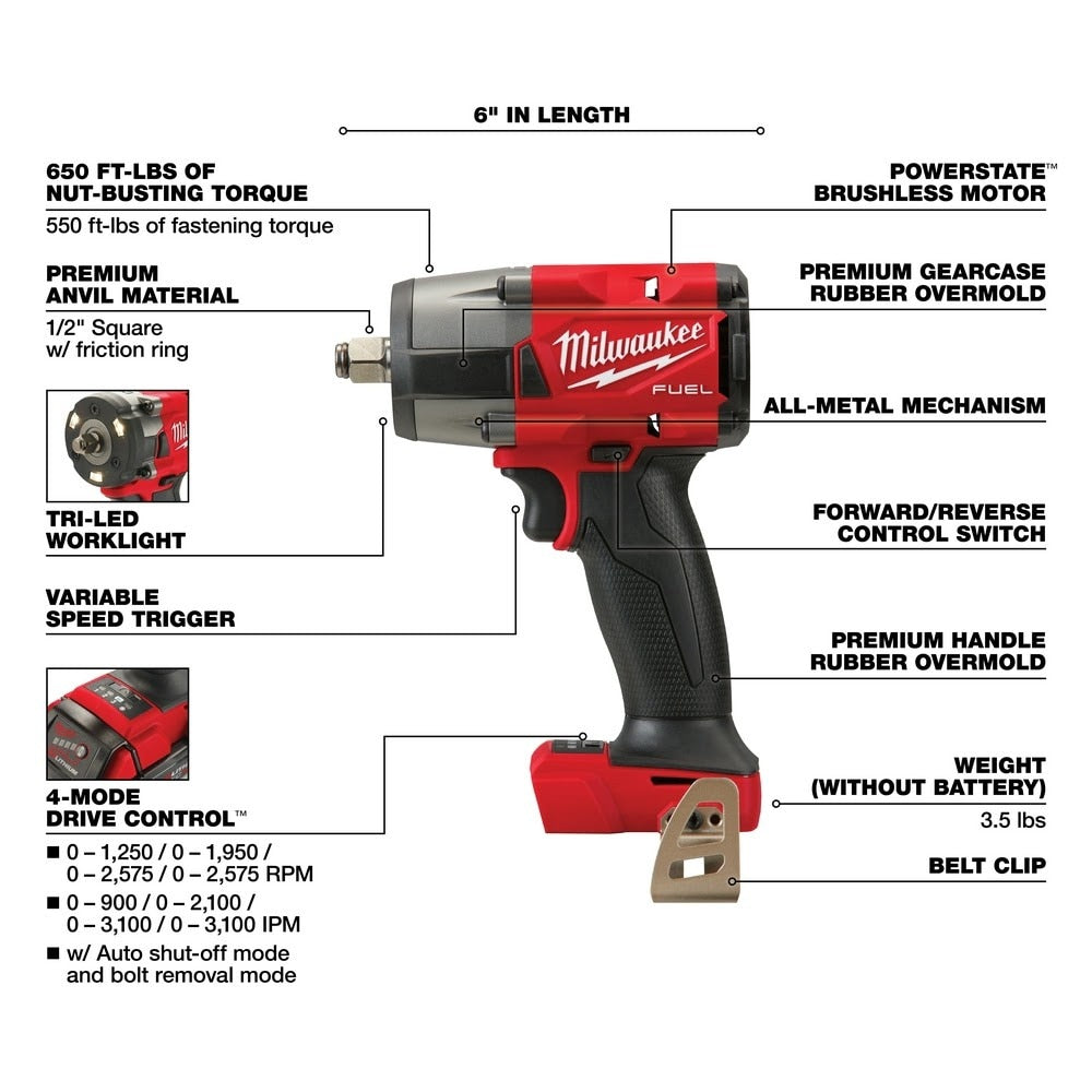 Milwaukee 2962-80 M18 FUEL™ 1/2" Mid-Torque Impact Wrench w/ Friction Ring Bare Tool (Reconditioned) - 4
