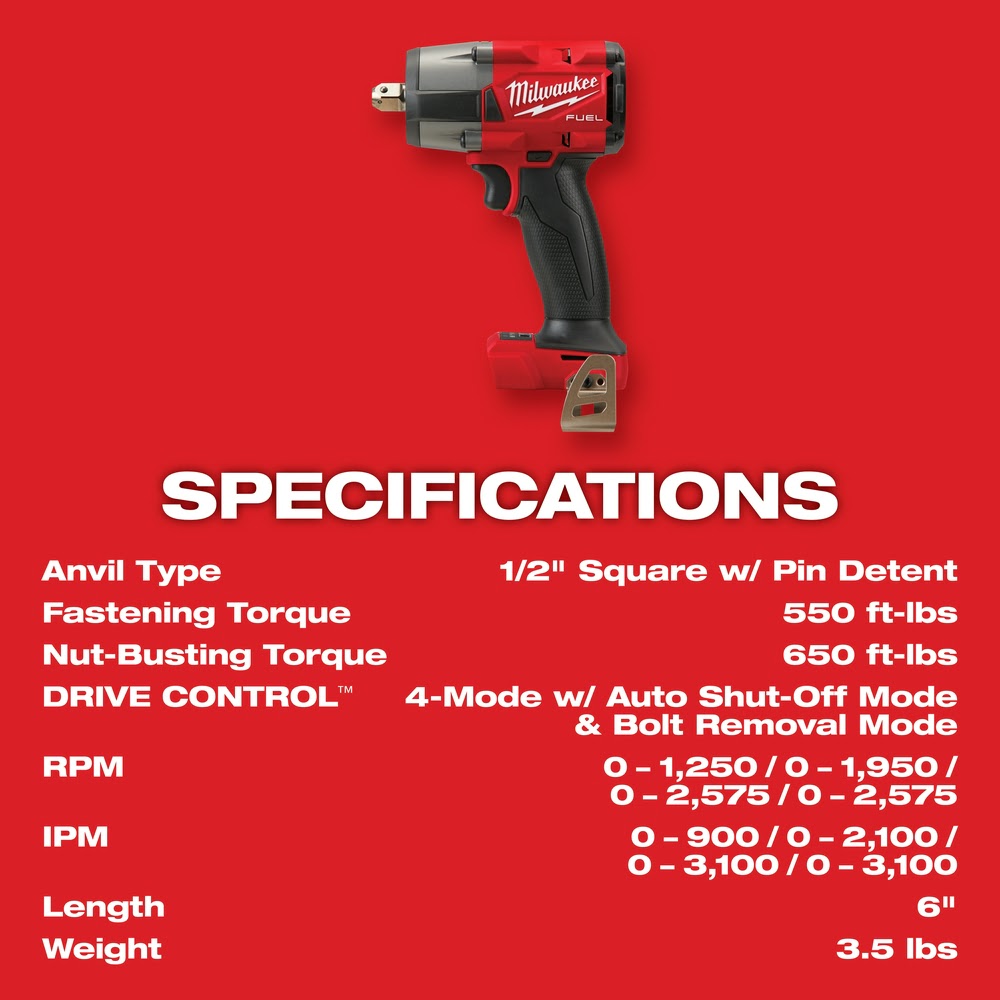 Milwaukee 2962P-20 M18 FUEL™ 1/2" Mid-Torque Impact Wrench w/ Pin Detent Bare Tool - 9