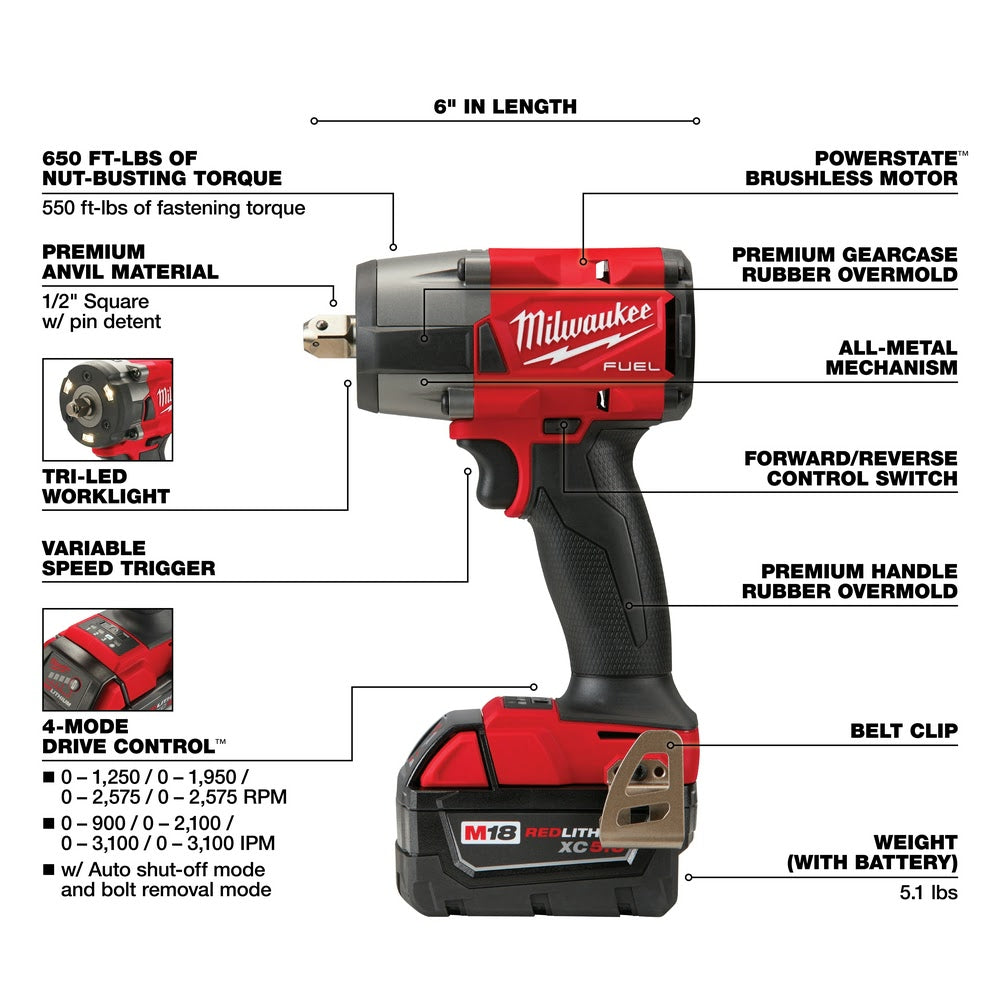 Milwaukee  2962P-22  "M18 FUEL™ 1/2 " Mid-Torque Impact Wrench w/ Pin Detent Kit " - 5