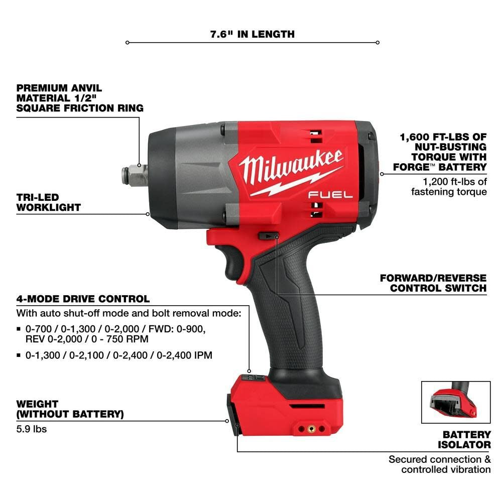 Milwaukee 2967-20 M18 FUEL 1/2" High Torque Impact Wrench w/ Friction Ring - 2