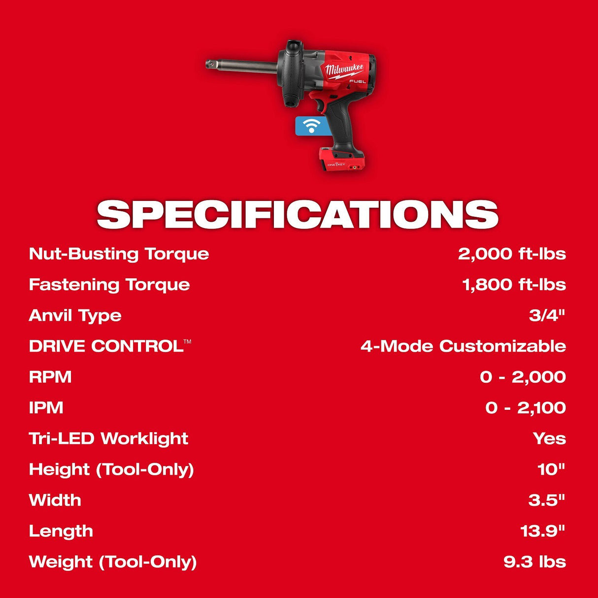 Milwaukee 2969-20 M18 FUEL 3/4" Extended Anvil High Torque Impact Wrench with ONE-KEY - 10