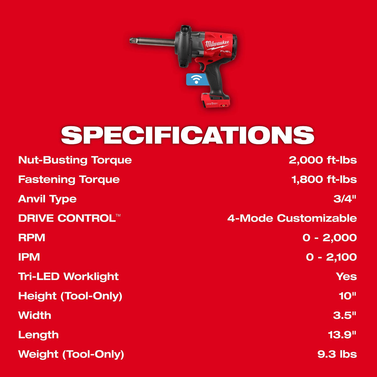 Milwaukee 2969-20 M18 FUEL 3/4" Extended Anvil High Torque Impact Wrench with ONE-KEY - 10