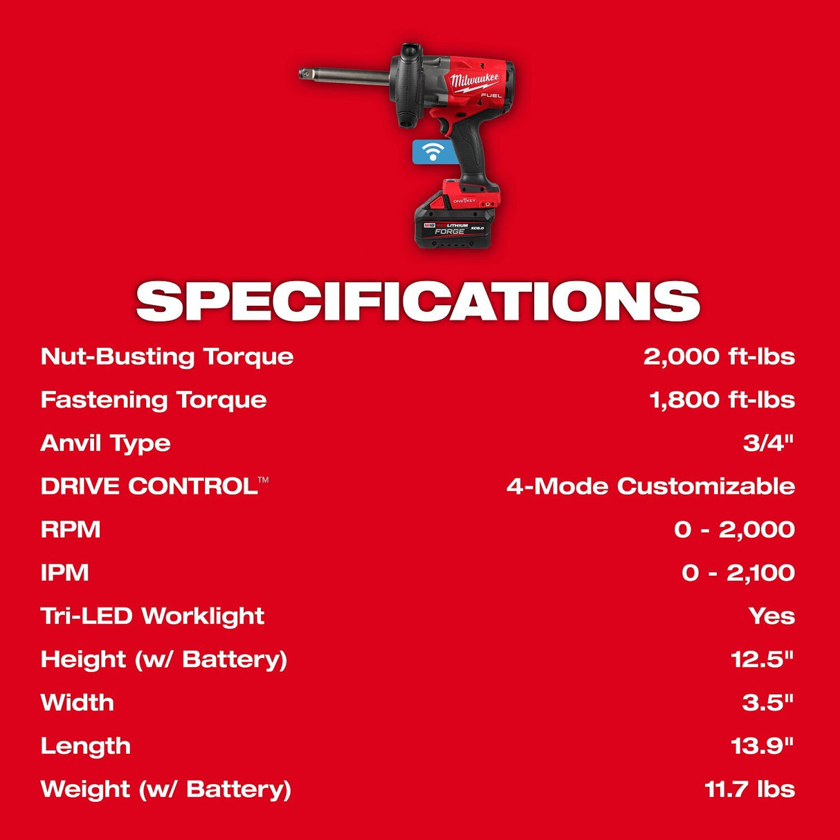 Milwaukee 2969-22 18V 3/4" Extended Anvil High Torque Impact Wrench Kit with ONE-KEY (2 Batteries, 1 Charger) - 11