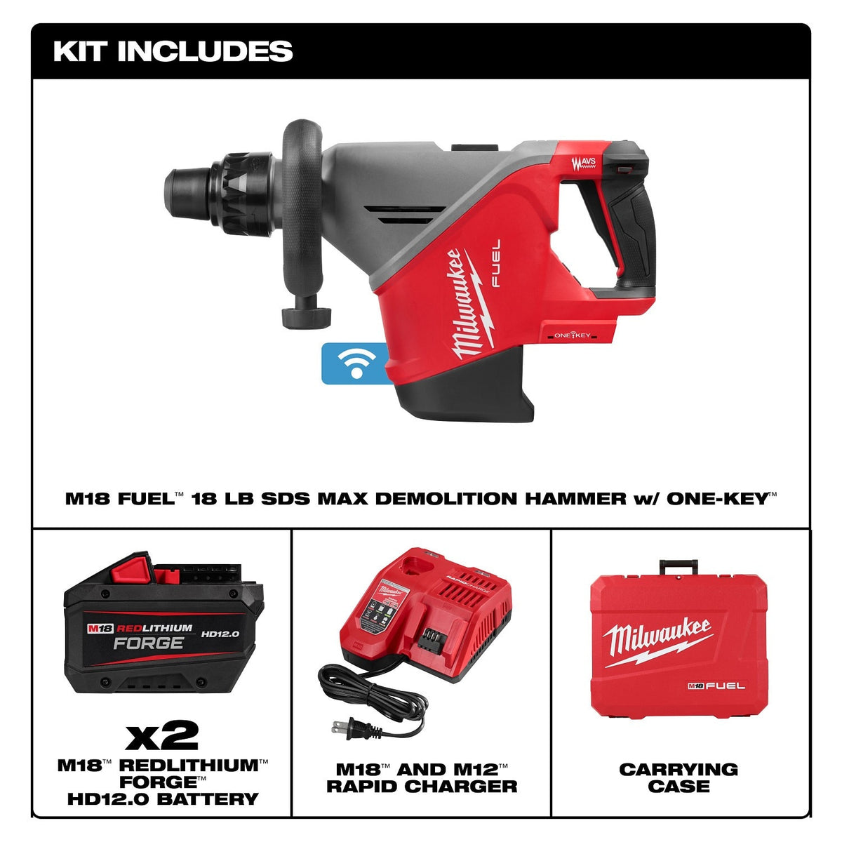 Milwaukee 3018-22HD M18 Fuel 18 lb SDS Max Demolition Hammer Kit with ONE-KEY (2 Batteries) - 3