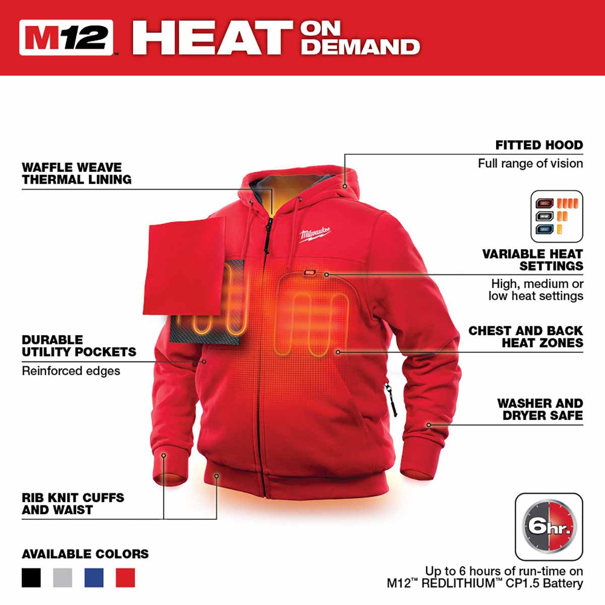 Milwaukee 302R-20 M12 Heated Hoodie Only (Red) - 10