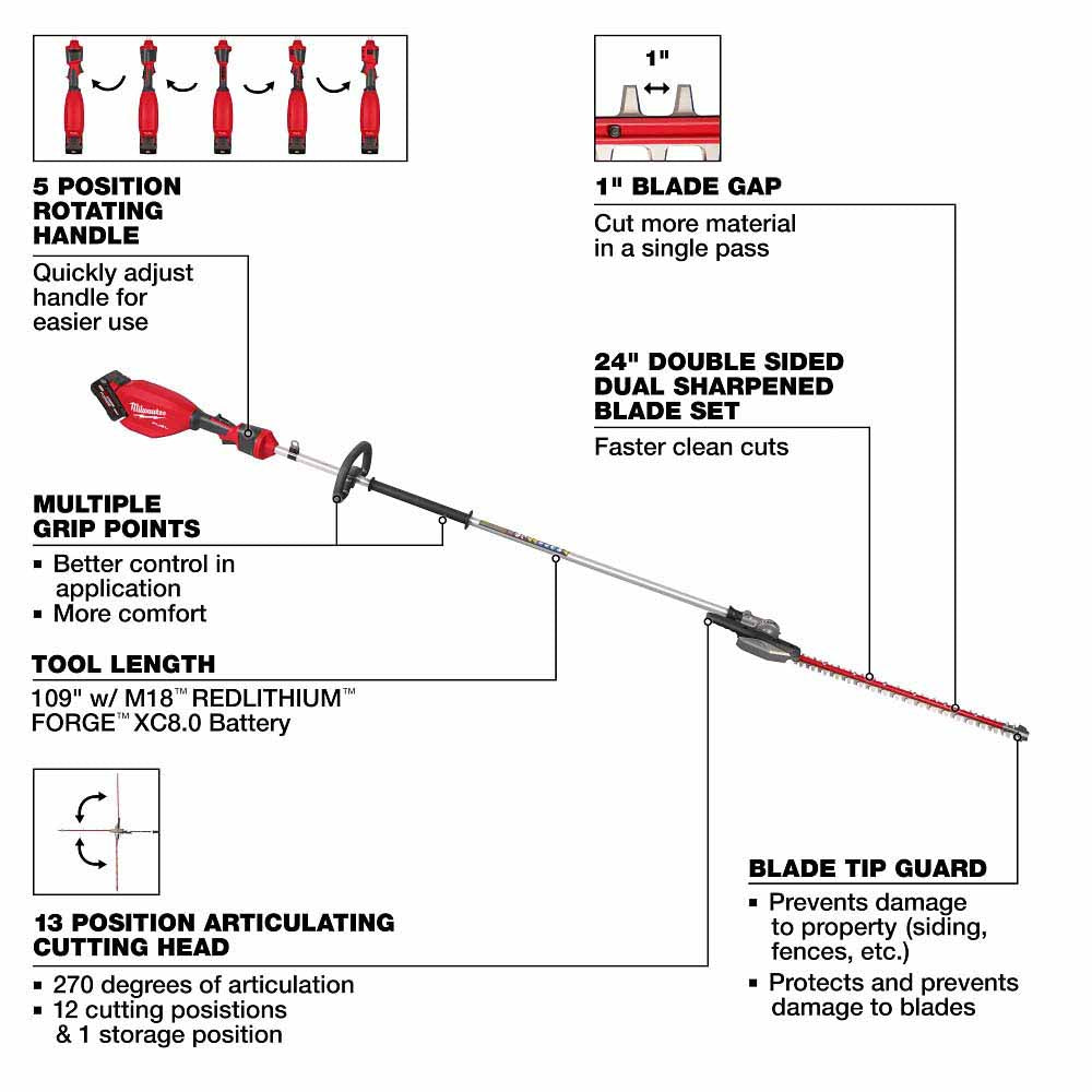 Milwaukee 3035-21 M18 FUEL Extended Pole Articulating Hedge Trimmer Kit - 2