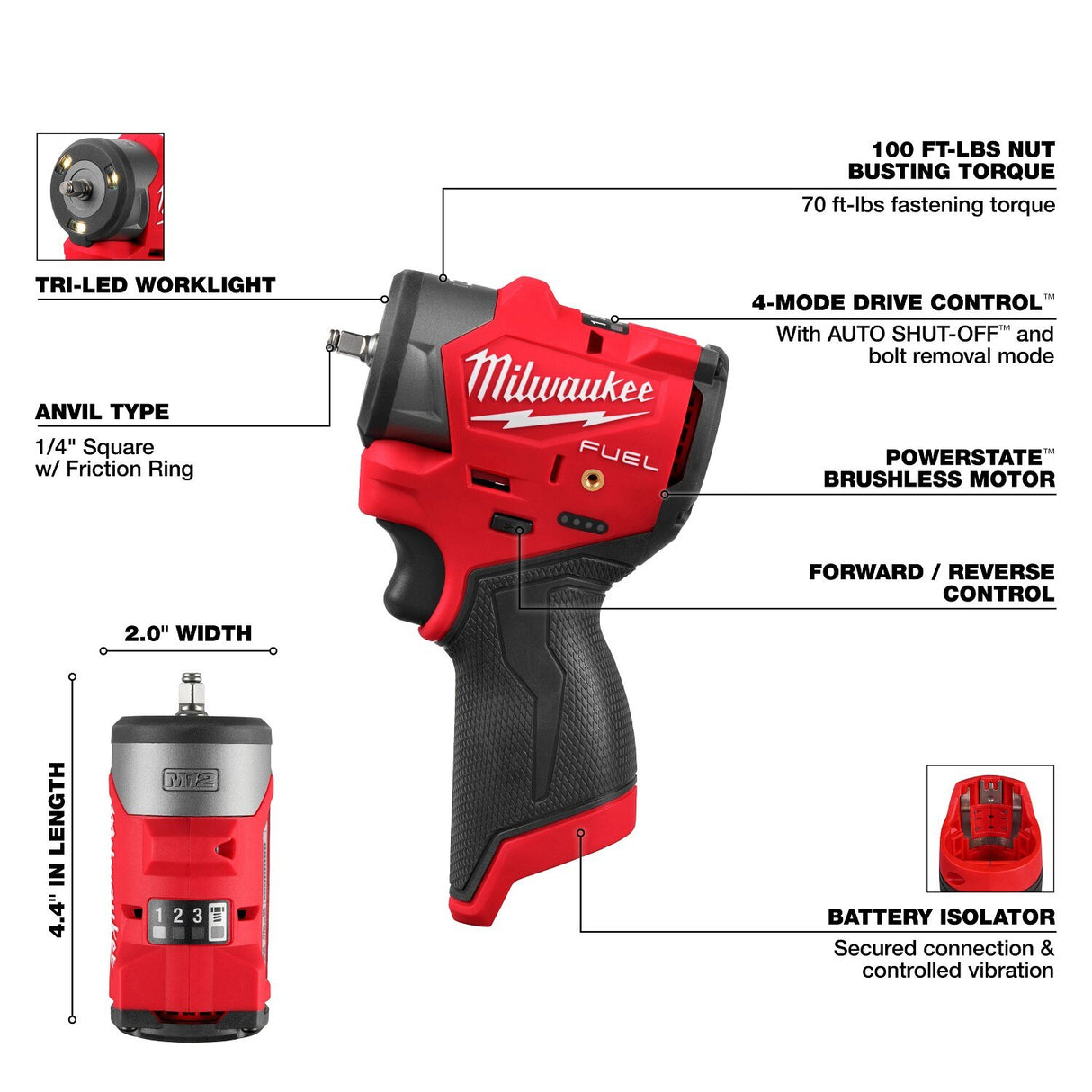 Milwaukee 3048-20 M12 FUEL 1/4" Subcompact Impact Wrench with Friction Ring - 3