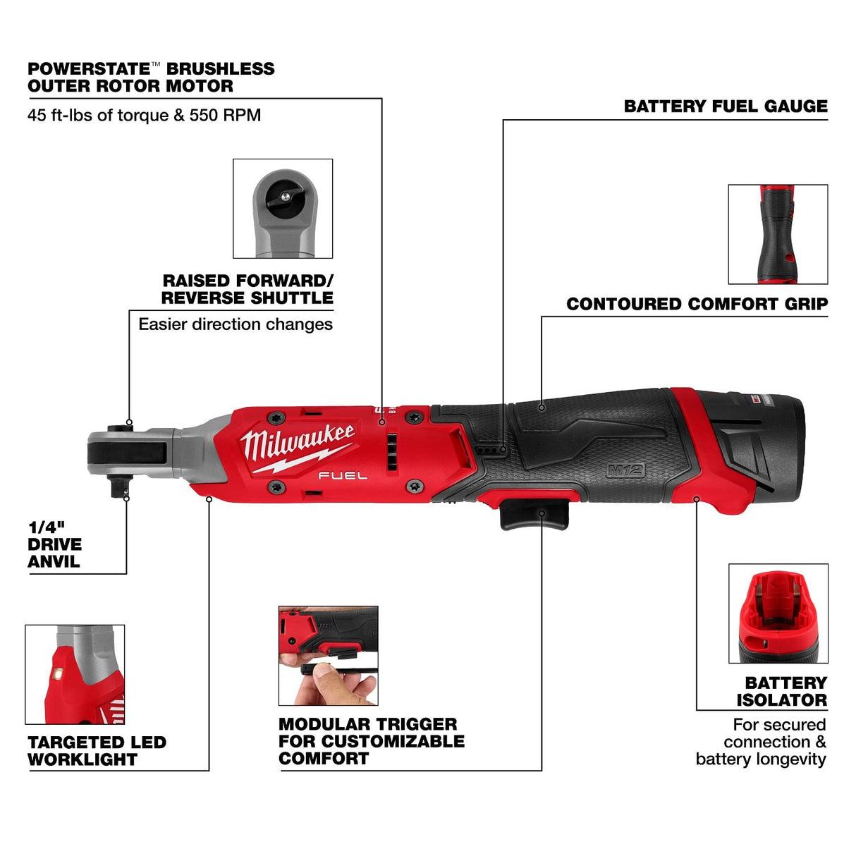 Milwaukee 3052-21 M12 FUEL 1/4 Inch Ratchet Kit with 550 RPM and 45 ft-lbs Max Torque (1 Battery) - 3