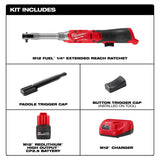 Milwaukee 3058-21 M12 FUEL 1/4" Extended Reach Ratchet Kit with 2.5Ah Battery and Charger - 3