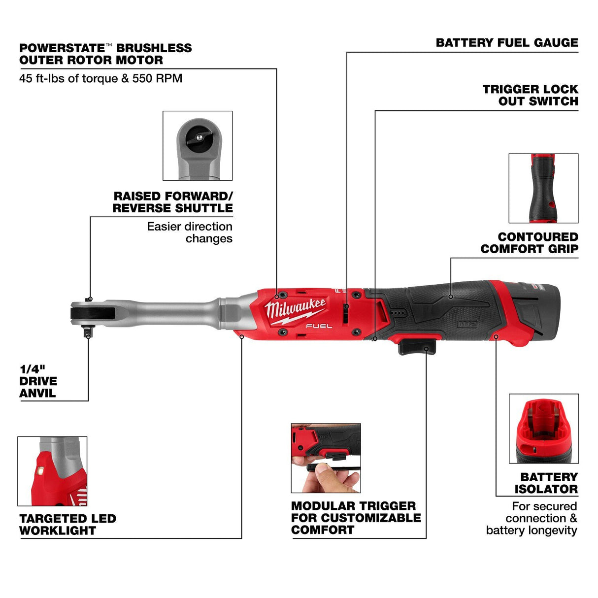 Milwaukee 3058-21 M12 FUEL 1/4" Extended Reach Ratchet Kit with 2.5Ah Battery and Charger - 4