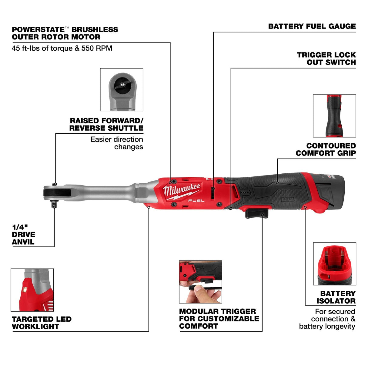 Milwaukee 3058-21 M12 FUEL 1/4" Extended Reach Ratchet Kit with 2.5Ah Battery and Charger - 4
