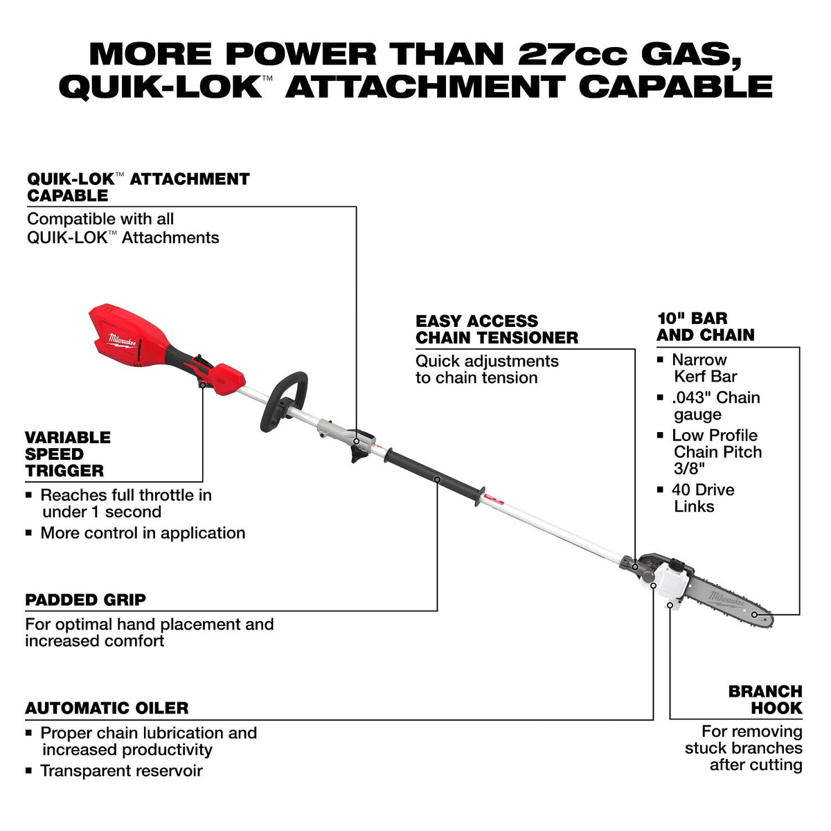Milwaukee 3115-20PS M18 QUIK-LOK Brushless 10" Cordless Pole Saw with Power Head and Attachment - 9