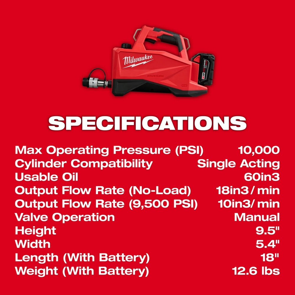 Milwaukee 3120-21 M18 Brushless Single Acting 60 in 3 10,000psi Hydraulic Pump - 7