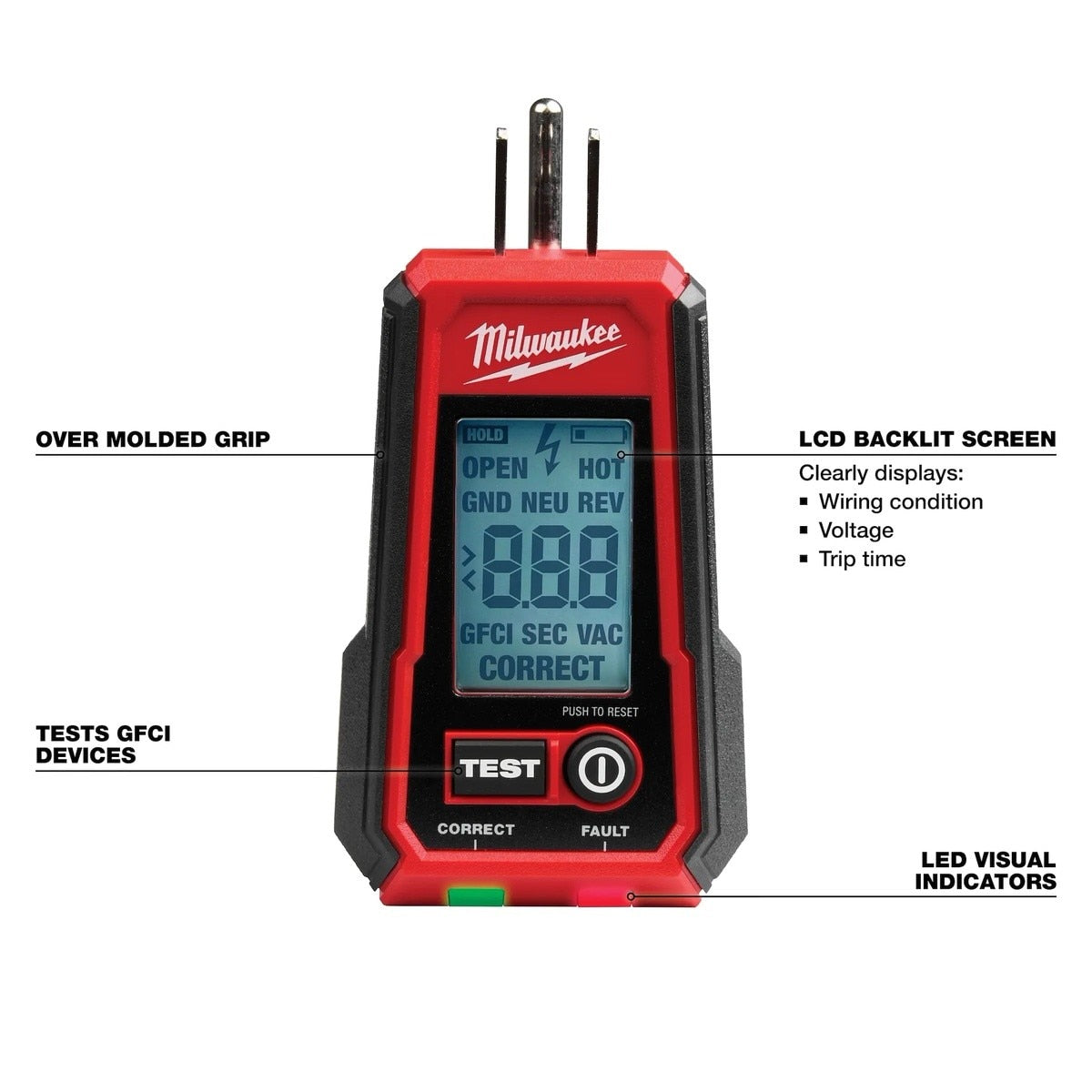 Milwaukee 3211-20 Digital GFCI Receptacle Tester and Voltage Detector with LED - 2