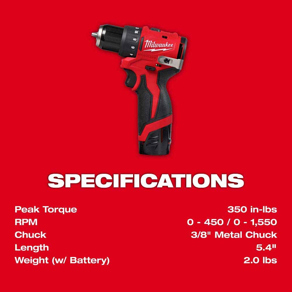 Milwaukee 3401-22 M12 Subcompact Brushless 3/8" Drill/Driver Kit - 5