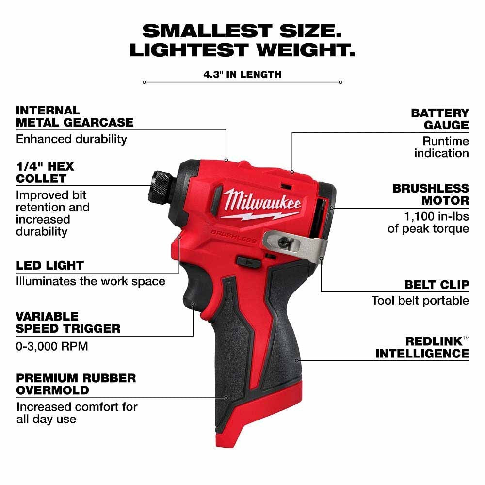 Milwaukee 3450-20 M12 Subcompact Brushless 1/4" Hex Impact Driver - 2