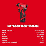 Milwaukee 3450-22 M12 Subcompact Brushless 1/4" Hex Impact Driver Kit - 5