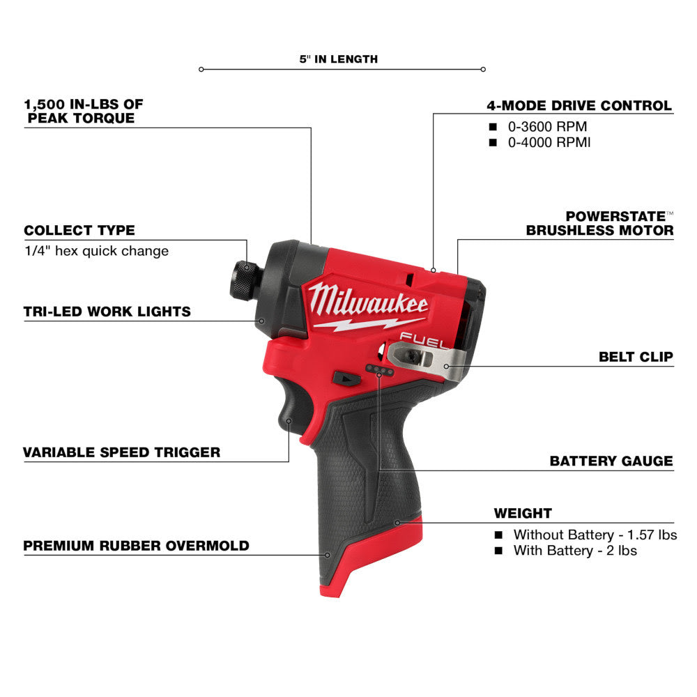 Milwaukee 3453-21 M12 FUEL Impact Driver 1 Battery Kit - 2