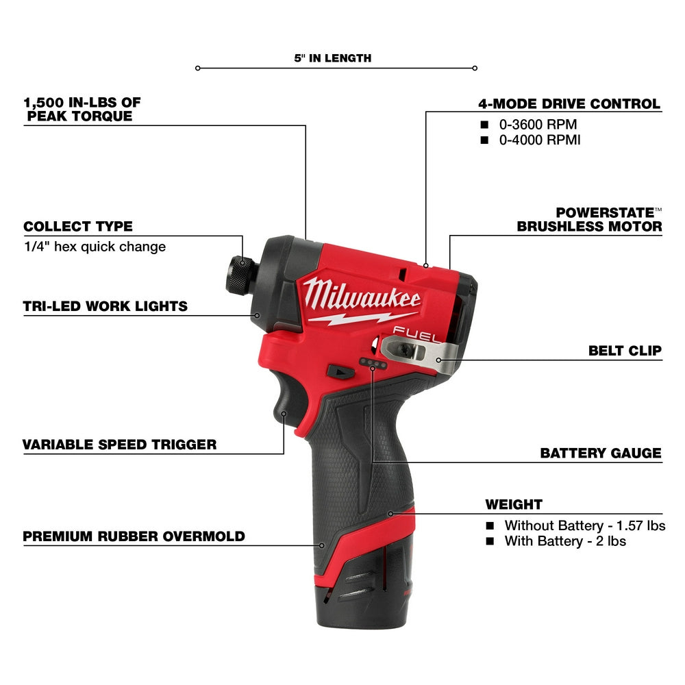 Milwaukee 3453-22 M12 FUEL 1/4" Hex Impact Driver Kit - 4